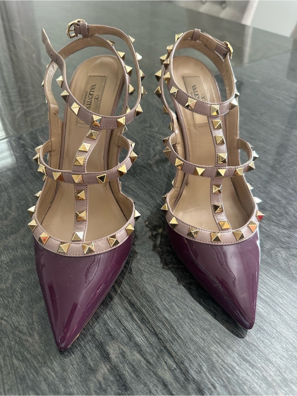Valentino Garavani Patent Pointed-Toe Rockstud Pumps in Plum and Nude